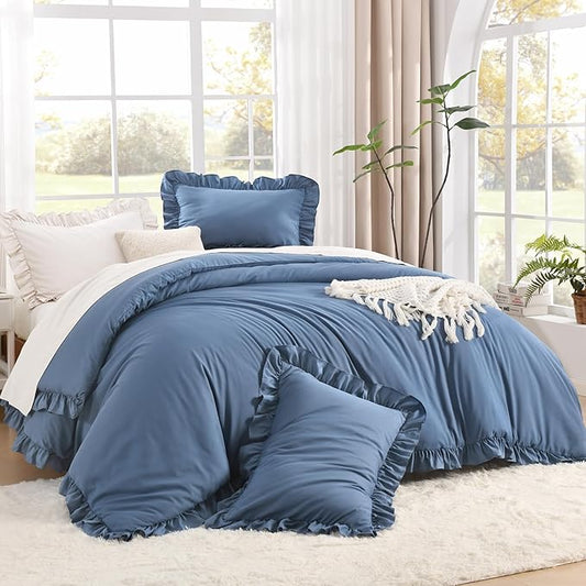 Litanika Ocean Blue Full Size Comforter Sets, 3 Pieces Ruffle Farmhouse Aesthetic Bedding Comforter Sets, All Season Soft Lightweight Fluffy Microfiber Bed Set(79x90In Comforter, 2 Pillowcases)