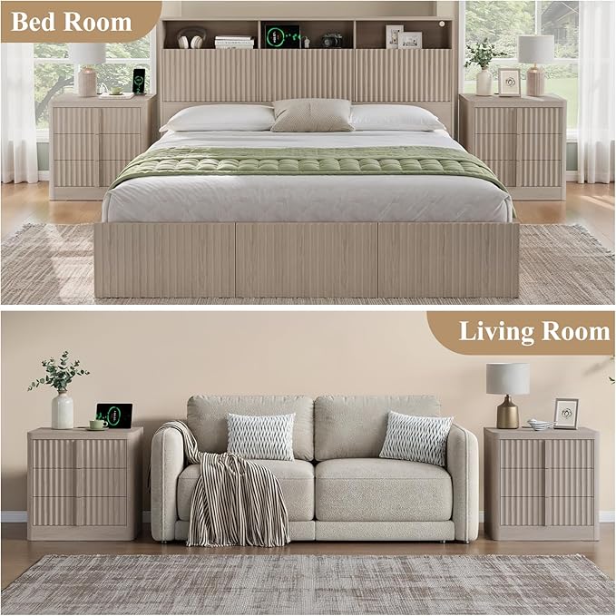 Fluted Nightstand Set of 2 with Charging Station, 23.6" Wood End Table with Solid Wood Handle, Mid Century Moden Bedside Table 3 Drawer Dresser for Bedroom, Living Room, Natural Oak