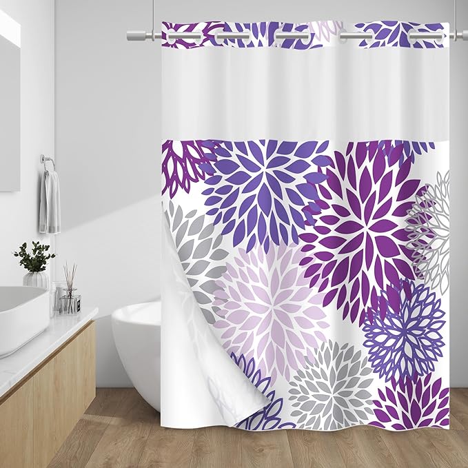 No Hook Shower Curtain with Snap in Liner - Dahlia Floral Shower Curtain - Fabric Waterproof Inner Liner, Plants Purple Grey Flowers Modern Cloth Shower Curtains - Machine Washable, 71 x 74