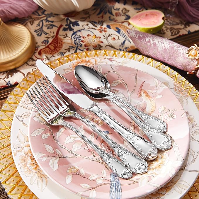 KEAWELL Premium  Regalia 20-Piece 18/10  Stainless Steel Flatware Set – European Classical Luxury Silverware Set, Dishwasher Safe for Everyday Meals and Formal Entertaining (20, Silver)