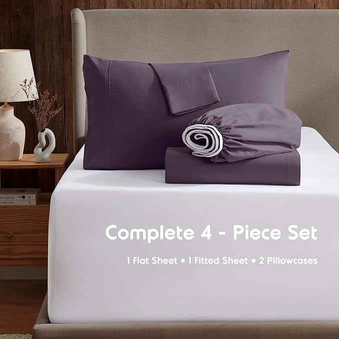 Nestl Sheet Set - 4Piece Full XL Size, Microfiber, Double Brushed Purple, Hotel Luxury, Extra Soft Bedding & Pillowcases