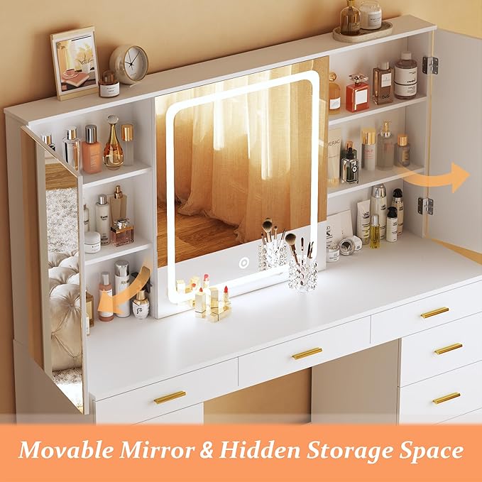 Makeup Vanity Desk with Lights, 47.2" Vanity Desk with 11 Storage Drawers and Hidden Storage Shelves, White Vanity with Charging Stations & 3 LED Lighting Modes Adjustable, for Bedroom