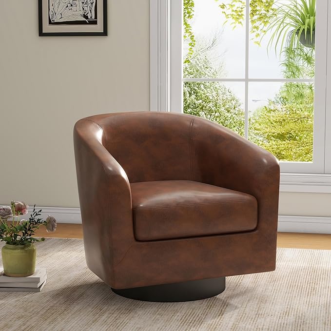 UIXE Swivel Accent Chairs Set of 2, PU Leather Barrel Club Chair Upholstered Armchair for Living Room, Round Arm Chair Bedroom Single Sofa Reading Seat - Coffee Brown