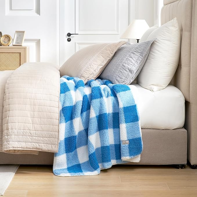 Cozy Bliss Ultra Soft Reversible Double Sherpa Sided Blanket, Buffalo Plaid Throw Blanket Fluffy Thick Warm Plush Fuzzy Blanket for Couch, Bed and Gifts (Light Blue, 60" x 80")