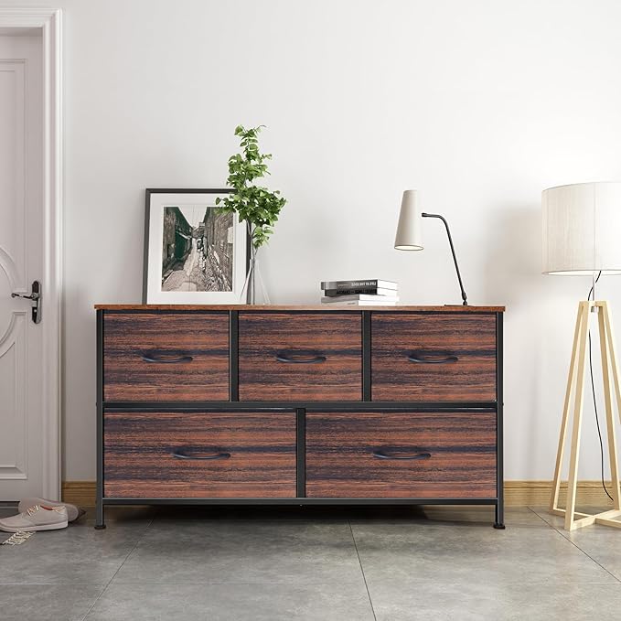Dresser for Bedroom with 5 Drawers, Chest of Drawers, Storage Drawers Organizer Unit, Black Wide Fabric Dresser with Fabric Bins for Closet, Living Room, Bedroom (Brown and Rustic Brown)