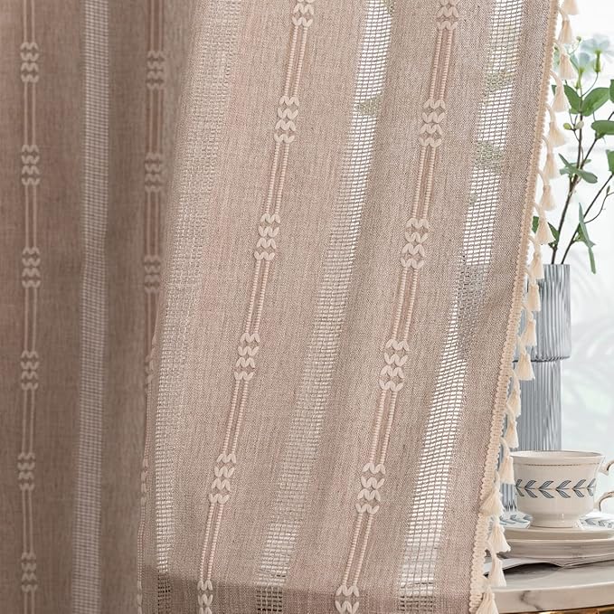 Linen Curtains 108'' Long for Living Room 2 Panels Set, Embroidery Curtains Tassel Boho Curtains for Bedroom Light Filtering Window Curtains Rod Pocket Drapes (52'' W x 108'' L,Khaki)