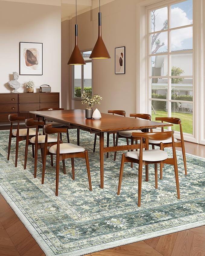 HOMFINE Machine Washable Rug 6'x9' - Vintage Design Area Rugs with Non Slip Rugs for Living Room Bedroom Floral Print Rug Carpet Stain Resistant, Home Decor Office Area Rug, Green