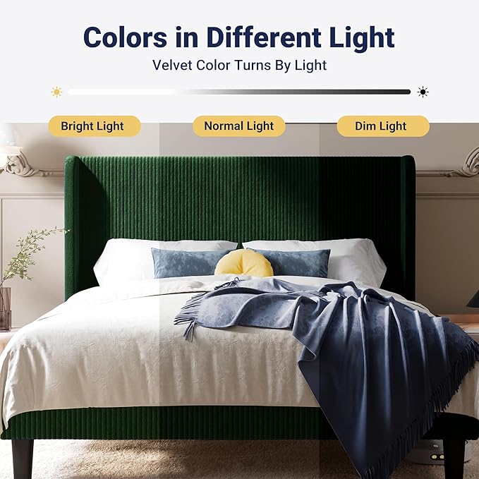 Allewie Queen Size Bed Frame with Upholstered Wingback Headboard, Vertical Channel Tufted Corduroy Velvet Platform Bed, Strong Wooden Slats Support, No Box Spring Needed, Easy Assembly, Dark Green