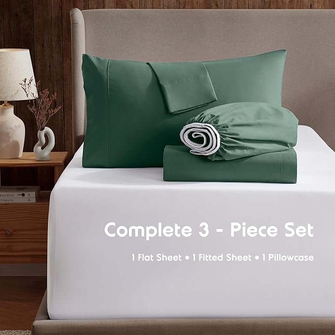 Nestl Twin Sheet Set - 1800 Ultra-Soft Microfiber Twin Bed Sheets - Double Brushed - Deep Pockets - Easy Fit - Extra Soft - 3 Piece Set - Bedding Sheets & Pillowcases (Twin, Dark Green)