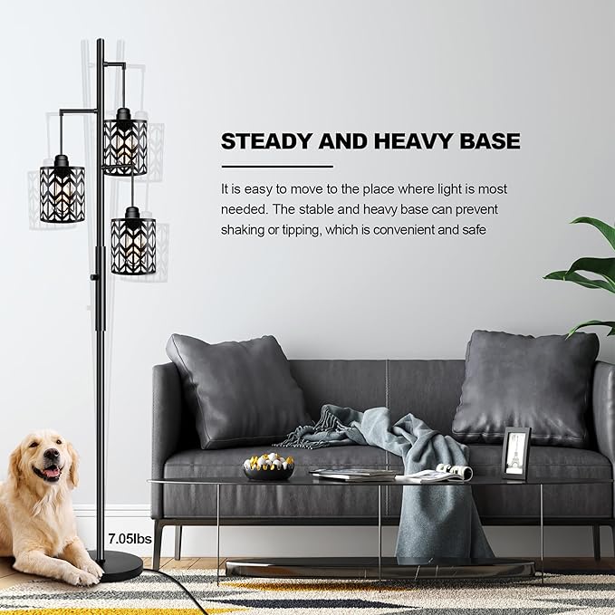 ROTTOGOON Dimmable Floor Lamp, Industrial Standing Floor lamp for Living Room, Tall Farmhouse Rustic lamp with 3 LED Bulbs, Tree Floor Lamp for Bedrooms, Living Room, Home Office, Metal, Black, 68"