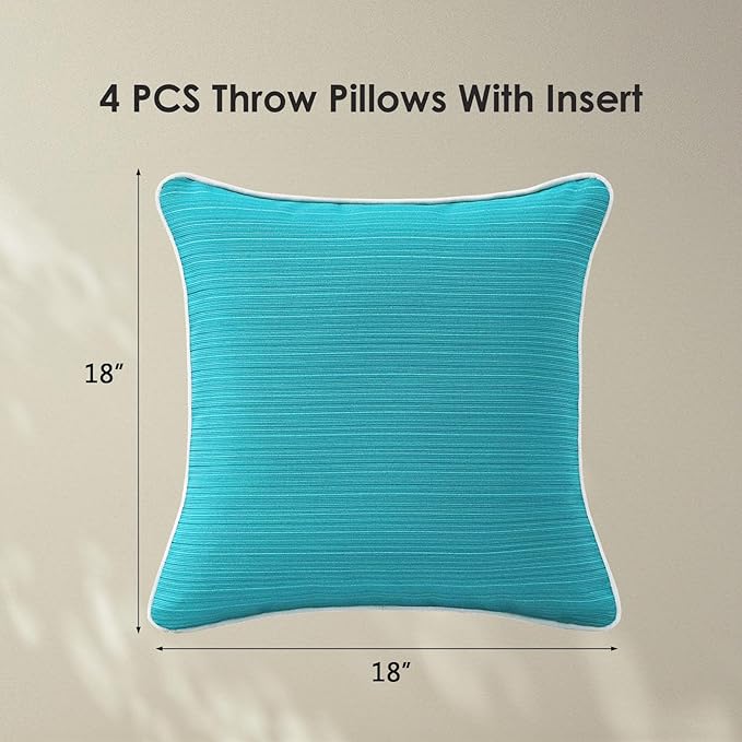 Decorative Outdoor Water Repellent Throw Pillows with Inserts, Set of 4, 18" x18" Pillows for Patio, Backyard, Bed, Couch, and Patio Furniture, Turquoise
