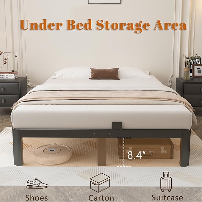 10 Inch Queen Bed Frame, Black Bed Frame Queen Size with Metal Baffles, No Box Spring Needed, Heavy Duty Steel Platform Support, Rounded Corner Design, Reserved Holes, Storage Space, Noise Free