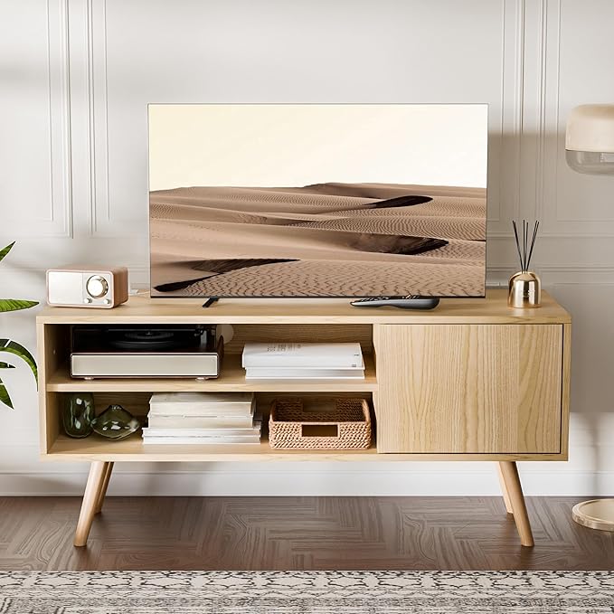 Cozy Castle TV Stand for 48 Inch TV, Mid Century Modern Entertainment Center with Storage Cabinet, TV Media Console with Charging Station for Living Room, Bedroom, Oak