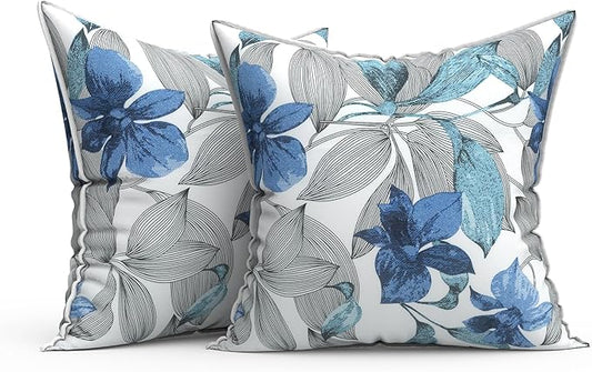 Outdoor Throw Pillows Inners, Fade Resistant Patio Furniture Square Pillows with Piping Set of 2, 18x18 Inch, Clemens Blue