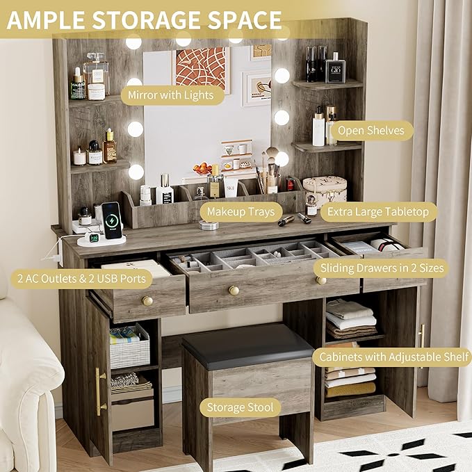 Vanity Desk with Mirror and Lights, 43'' Grey Makeup Dressing Table Set with 5 Drawers & Chair, Power Outlet, 3 Lighting Modes Adjustable Brightness & RGB LED for Women Girls Bedroom Bathroom