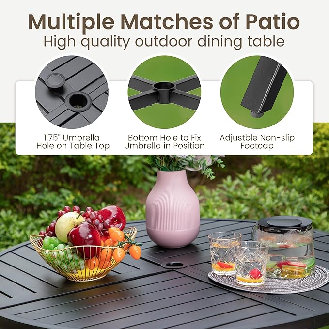 PHI VILLA 5 Piece Outdoor Dining Table Set for 4, 42” Round Steel Dining Table with Umbrella Hole & 4 Metal-Frame Wicker Chairs for Patio, Deck, Yard, Porch