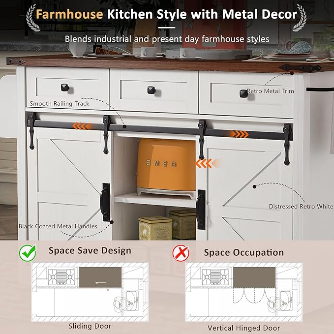 Merax 53.7" Kitchen Cart Island on Wheels with Power Outlet,Drop Leaf and 2 Sliding Barn Door,Farmhouse Style Storage Cabinet for Dining Room