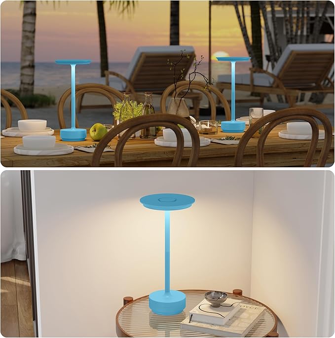 2 Pack Rechargeable Cordless Table Lamps, Portable 5000mAh Outdoor Table Light, 3 Color Stepless Dimming LED Table Lamp with Memory Function, for Home/Dinner/Patio/Restaurant.(Blue)