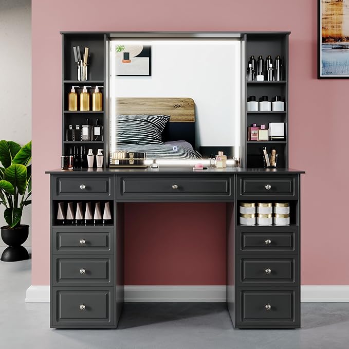 Vanity Desk with Mirror and Lights,47" Vanity Table with 9 Drawers, 10 Open Shelves, Makeup Vanity with HD Lighted Mirror for Bedroom, Brightness Adjustable, Makeup Storage (Black, A Panel)