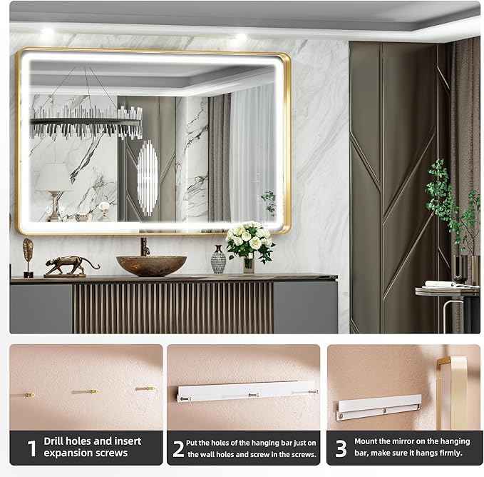 Hasipu 40×30 Inch LED Bathroom Mirror with Lights, Gold Metal Framed Bathroom Light Mirror for Vanity Anti-Fog, Dimmable, 3 Colors (Horizontal/Vertical)