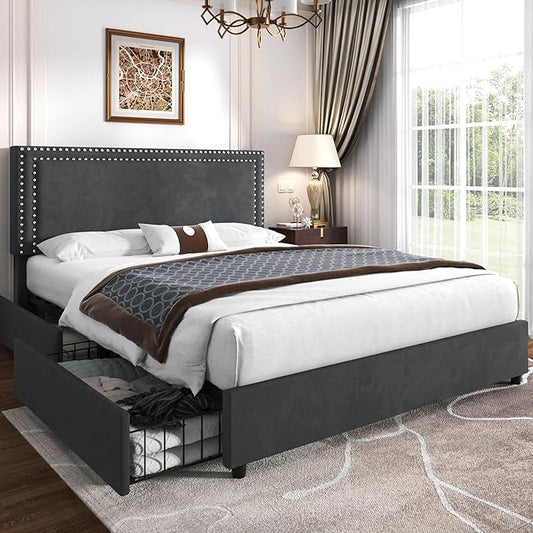 VECELO Queen Size Upholstered Platform Bed Frame with 4 Storage Drawers, Adjustable Velvet Rivets Headboard, Wooden Slats Support, No Box Spring Needed, Easy Assembly