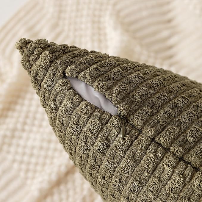Kevin Textile Pack of 2 Corduroy Decorative Throw Pillow Covers 16x16 Inch Soft Boho Striped Pillow Covers Modern Farmhouse Home Decor for Sofa Living Room Couch Bed Olive Green