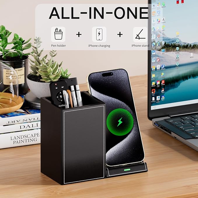Pen Organizer with Phone Stand,Black Vegan Leather Desk Organizers with Remote Control Holder,Pencil Holder for Desk,Desk Organizer with Phone Charger for Office/Nightstand/Endtable