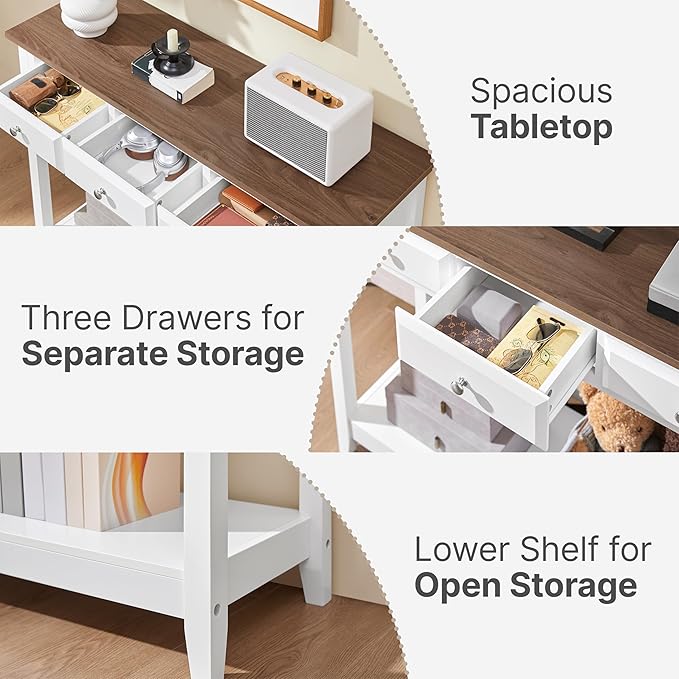Yaheetech Farmhouse Console Table with 3 Drawers, Modern Wood Entryway Table, Narrow Long Sofa Table with Storage Shelf for Hallway, Living Room, Front Hall, Foyer, Rustic Vintage, White & Brown