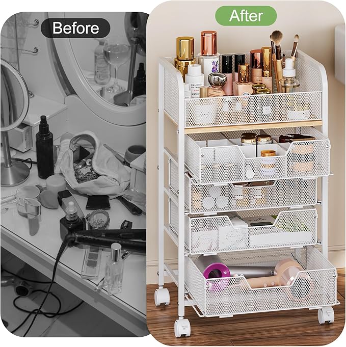 Makeup Cart Organizer with 4 Drawers, Large Floor Skincare Organizers, Vanity Storage Organizer Cosmetics Display Cases for Skin Care Perfume Nail Polish, White (Patent Pending)