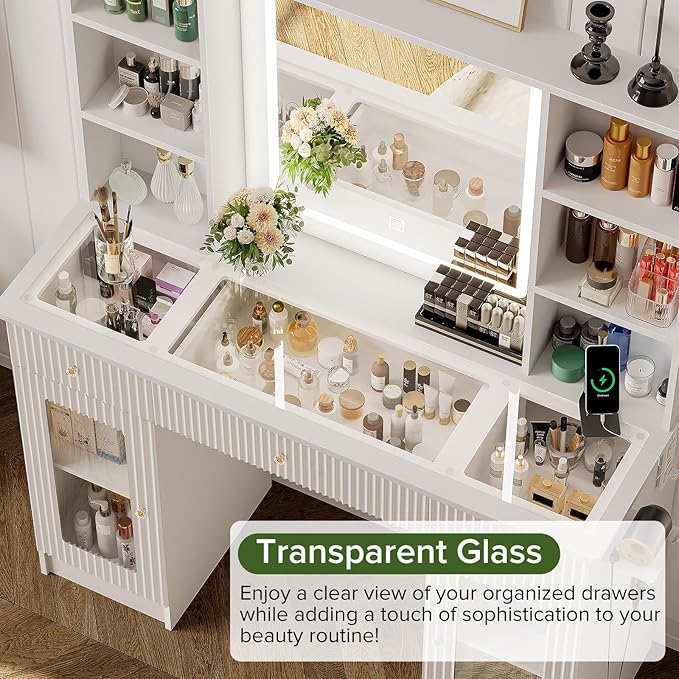 Vanity Desk with Mirror and Lights, Modern Makeup Vanity with Glass Top, Fluted Dressing Table Vanity Set with 3 Drawers, 4 Open Shelves, and Storage Cabinets for Bedroom, 3 Color Modes