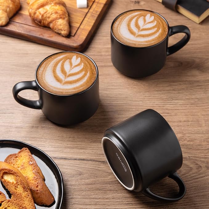 GBHOME 14 OZ Coffee Mugs Set of 6, Stackable Ceramic Mugs for Men, Women, Modern Coffee Cups With Stable Base for Latte, Tea, Cappuccino. Dishwasher & Microwave Safe, Matte Black