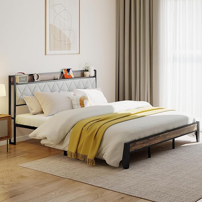 Sweetcrispy King Bed Frame with Headboard,Spacious Underbed Storage,Integrated Charging Station,Durable Squeak-Free Frame,Simple No-Tool Assembly,Works with King Mattress No Box Spring Required