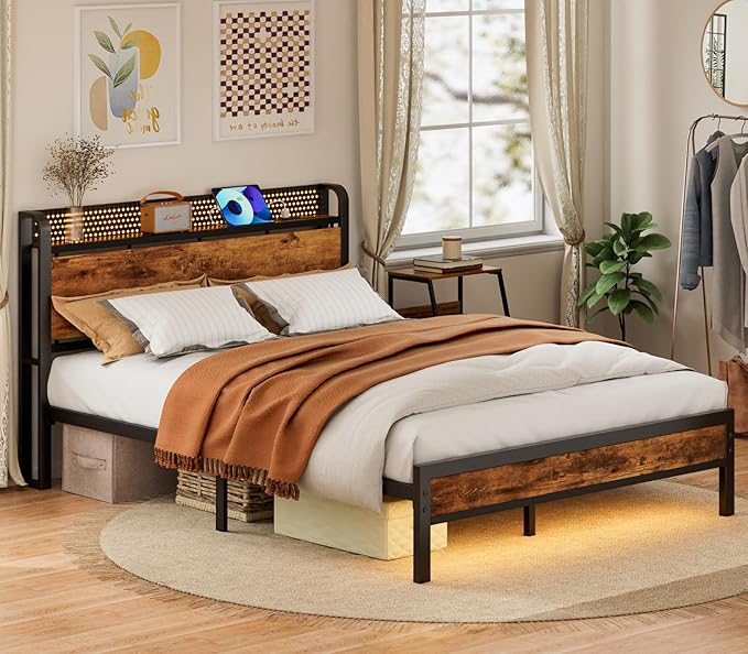 Furnulem Full Bed Frame with LED Lights,Industrial Storage Headboard with Charging Station,USB Port,Under Bed Storage,Wood Platform with Strong Metal Support,No Box Spring Needed, Silent
