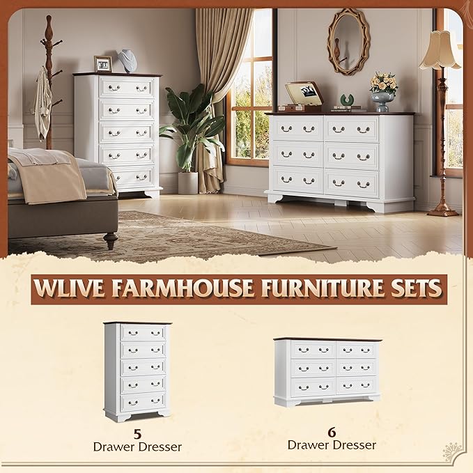 WLIVE Farmhouse Dresser for Bedroom, 51.97'' Wide Wood White Dresser with 6 Drawer, Chest of Drawers with Roman Metal Handle, TV Stand for 60 inch TV, for Living Room, Hallway