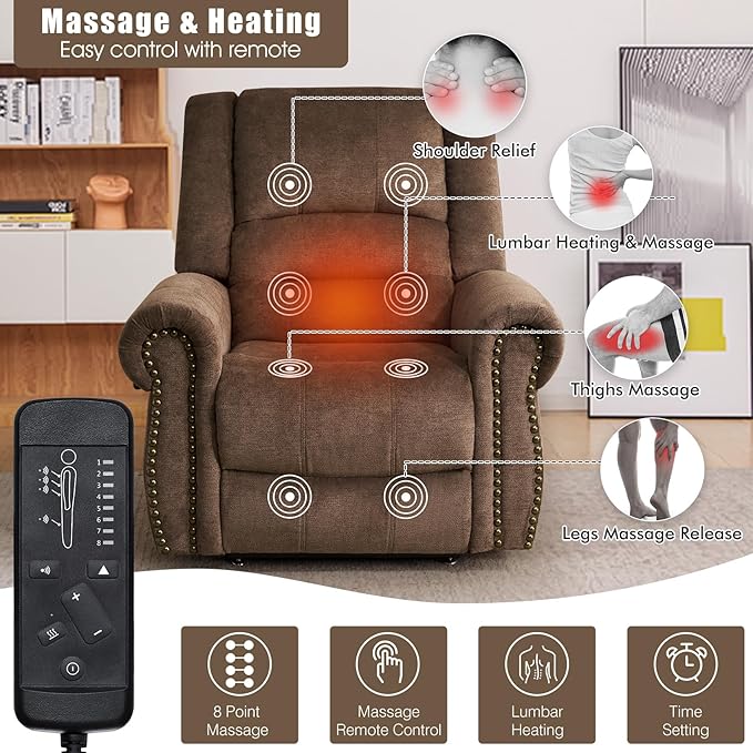 CDCASA Dual Motor Lay Flat Lift Chairs Recliners for Elderly with Massage and Heat, Upgraded Chenille Infinite Position Large Sleeping Electric Power Lift Chair Recliner for Seniors, Brown