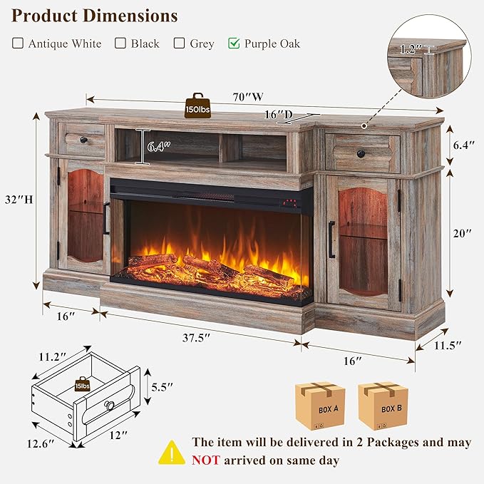 Farmhouse Electric Fireplace TV Stand for TVs up to 80", Entertainment Center with 36" 3-Sided Glass Electric Fireplace & LED Lights, 70-inch TV Console for Living Room,Purple Oak