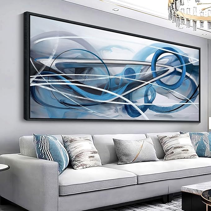YDYSUNE Large Blue and Gray Painting Wall Art White and Silver Picture for Living Room Modern Living Room Home Bedroom Decoration Blue Framed Artwork Decor 70x31IN