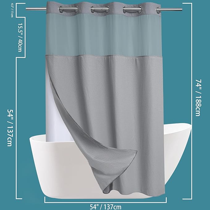 Conbo Mio Stall No Hook Waffle Weave Shower Curtain with Snap in Liner Set, Hotel Luxury Grey Shower Curtains for Bathroom with See Through Top Window, Waterproof, Washable 54W x 74H