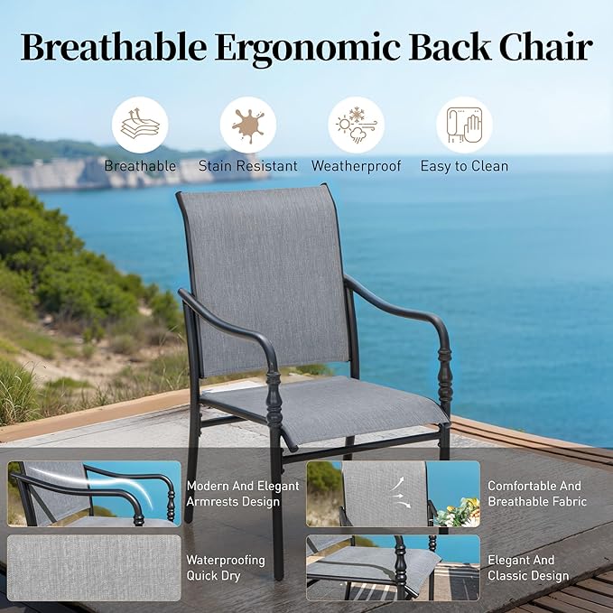 Patio Table and Chairs Set of 8, All-Weather Breathable Textilene Patio Chair with Gourd-Shaped Armrests, 83x39 Rectangle Table with Umbrella Hole, 9 Pcs Metal Frame Patio Dining Set