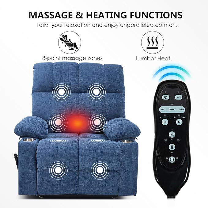 Oversized Recliner with Massage and Heating, Power Lift Chairs for Elderly, Extra Wide Recliner Chair for Living Room with Cup Holders, Dual Motor, Chenille Fabric - Dark Blue