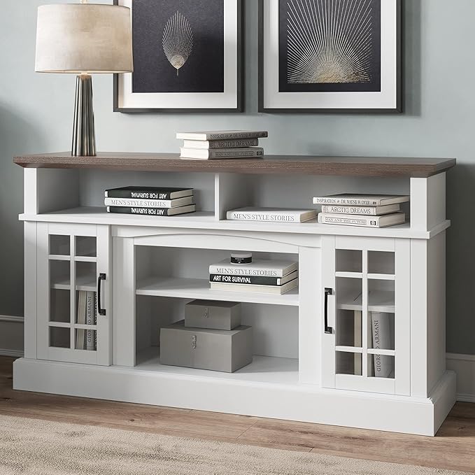 BELLEZE 58 Inch TV Stand, Rustic Wood Entertainment Center for TVs up to 65", Contemporary Media Console Table with Two Open Shelves and Glass Door Cabinets - Astorga (White)