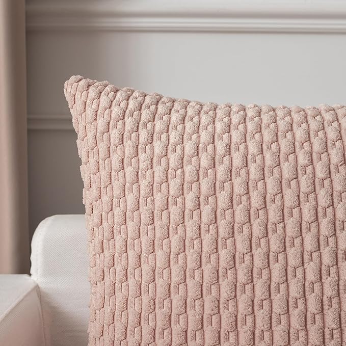 Kevin Textile Pack of 2 Corduroy Decorative Throw Pillow Covers 22x22 Inch Soft Boho Striped Pillow Covers Modern Farmhouse Home Decor Valentines Day Gifts for Spring Sofa Living Room Couch Bed Pink