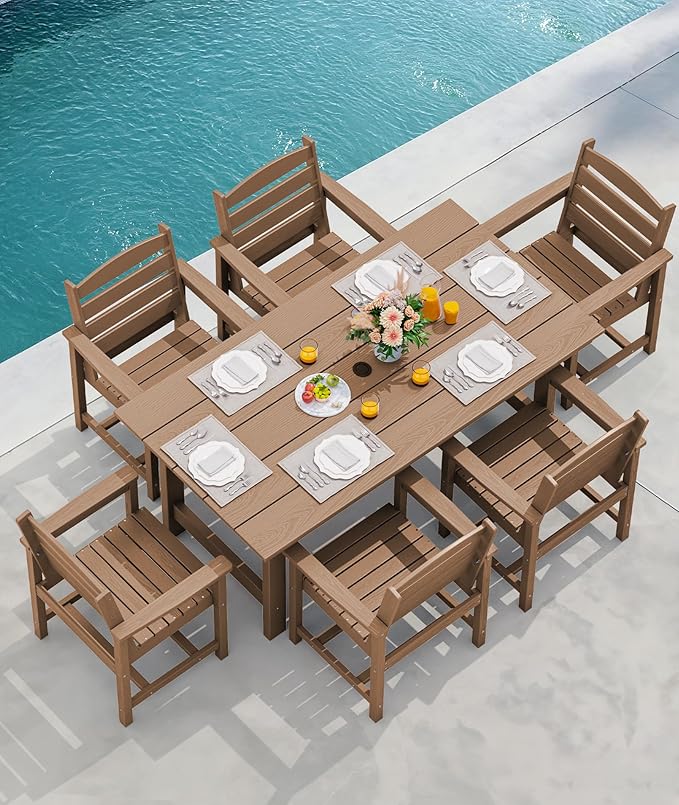 SERWALL 8-Piece Patio Dining Sets with 15FT Double Side Patio Umbrella, Outdoor HDPE Dining Furniture Set with Umbrella Hole Cut-Out Table and 6 Chairs, Brown（Umbreall Base not Included）