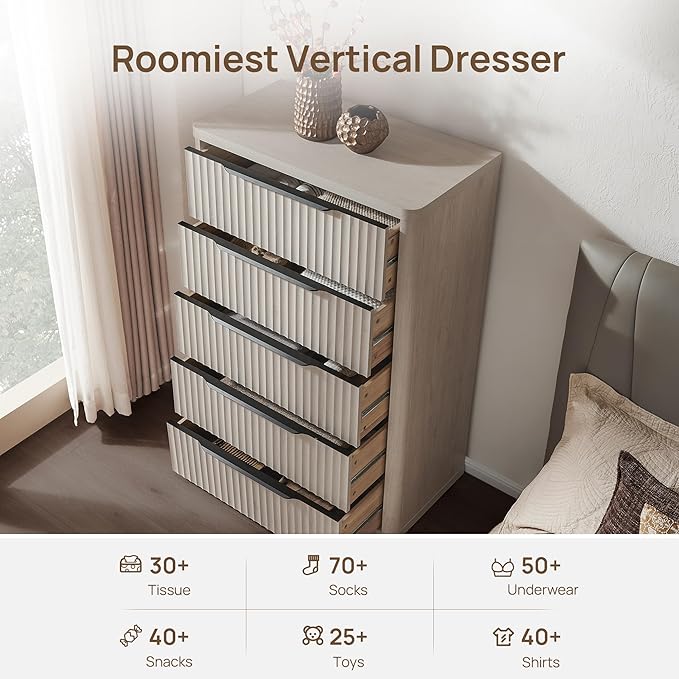 SICOTAS Dresser for Bedroom - Tall Dressers & Chests of Drawers with 5 Drawers Large Modern Dresser for Closet Fluted Wide TV Stand Clothes Closet Storage for Bedroom Hallway Entryway, White Alder