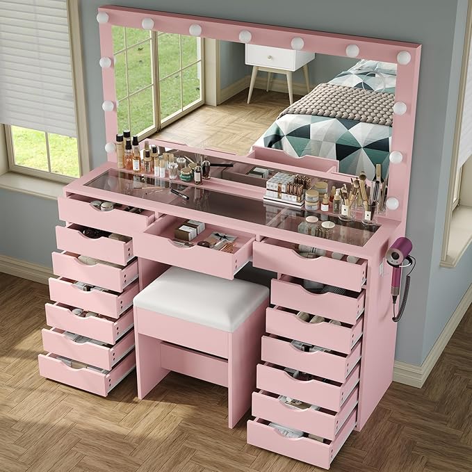 15 Drawers Vanity Desk with Power Outlet, Makeup Table with Mirror and 13 LED Lights, 3 Color Lighting Modes, Brightness Adjustable, Glass Top Dressing Table, Vanity Set for Bedroom, Pink