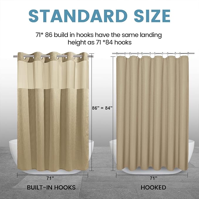 Beige Long No Hook Shower Curtain with Snap in Liner,230GSM Waffle Weave Shower Curtains for Bathroom,71W x 86H