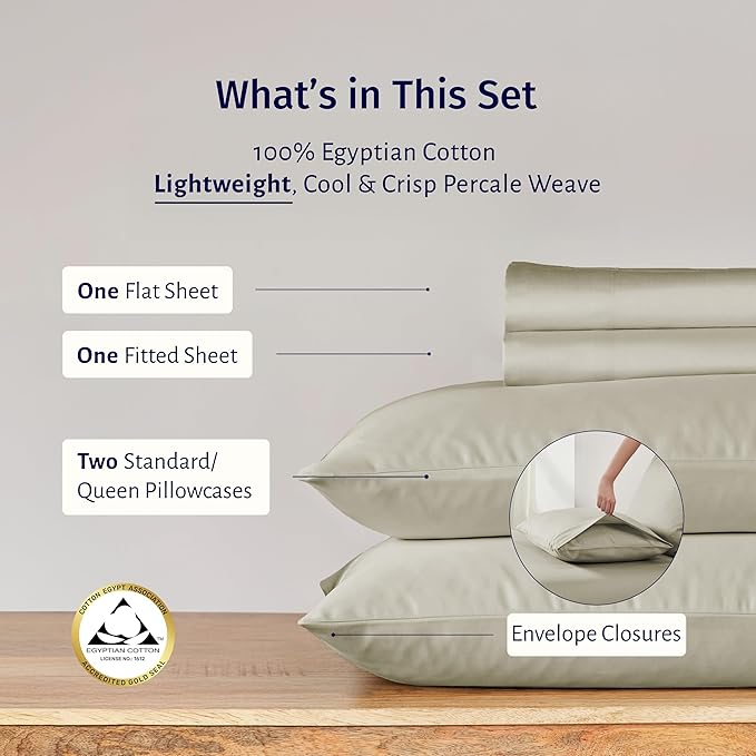 California Design Den Certified 100% Egyptian Cotton Percale Sheets Queen Size Set - Deep Pocket Queen Cotton Sheet Set, Cool, Crisp & Durable Luxury Bedding Set - Beige