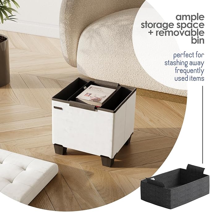 STORAGEBUD Storage Ottoman Cube with Small Bin, 15-in Square Ottoman with Storage for Living Room and Bedroom, Small Ottomans Foot Rest, Velvet Foot Stools Ottomans Max 330lbs, Cream