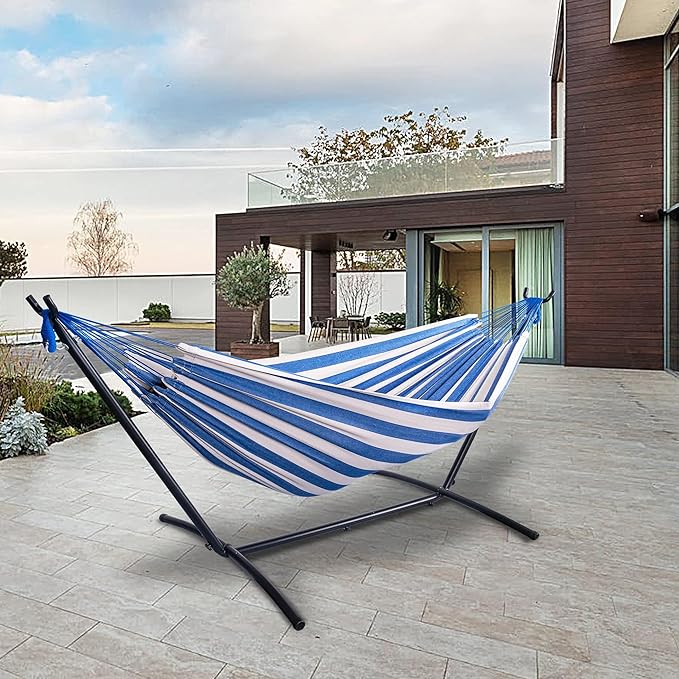 Lazy Daze Hammocks Double Hammock with 9 ft Space-Saving Steel Stand Includes Portable Carrying Case, 450 Pounds Capacity (Blue White)