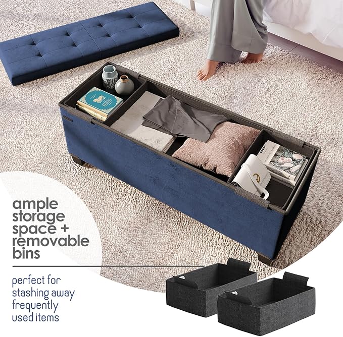 STORAGEBUD Storage Ottoman Bench with Bins, 43-in Storage Bench for Bedroom End of Bed, Folding Foot Rest Ottoman for Living Room Max 660lbs, Velvet Ottomans, Blue